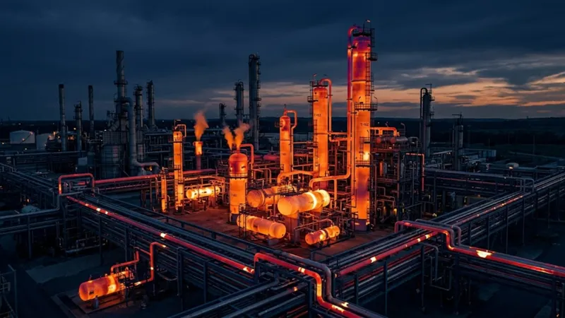 Refinaria e tubulações à noite