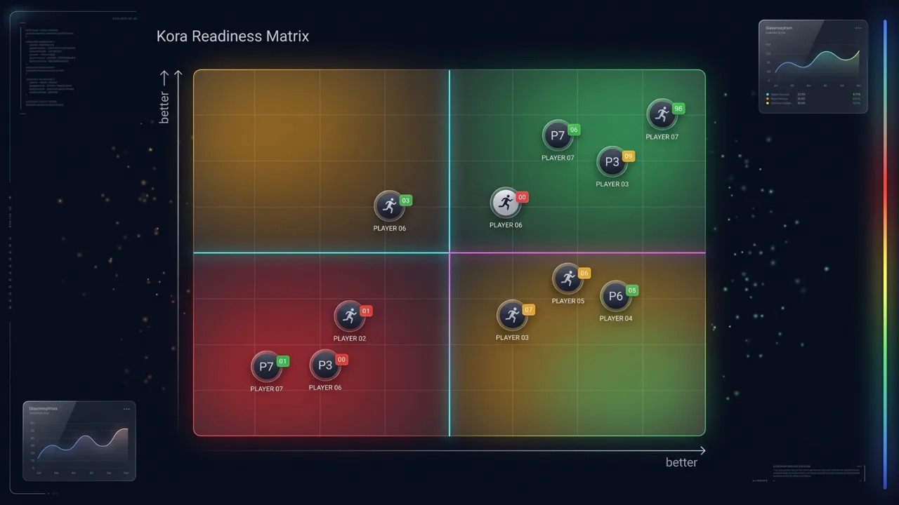 Matriz Kora — matriz de prontidão do elenco por baseline